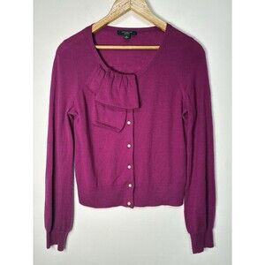 Ann Taylor Womens M Magenta Cashmere Cardigan Ruffle Pearl Button Sweater